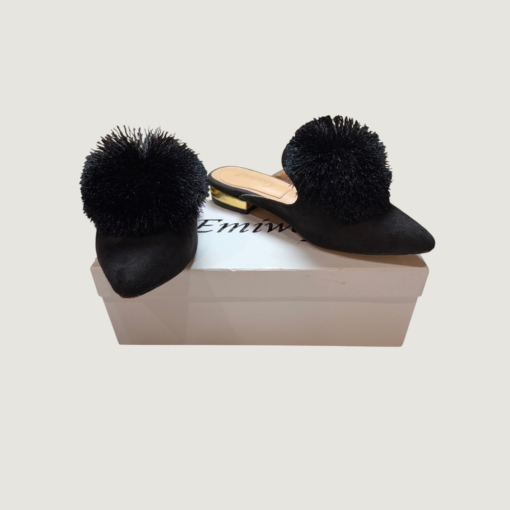 Emiwey Pom Pom Mules Size 6 Black Faux Suede Gold Metallic Heel Pointed Toe